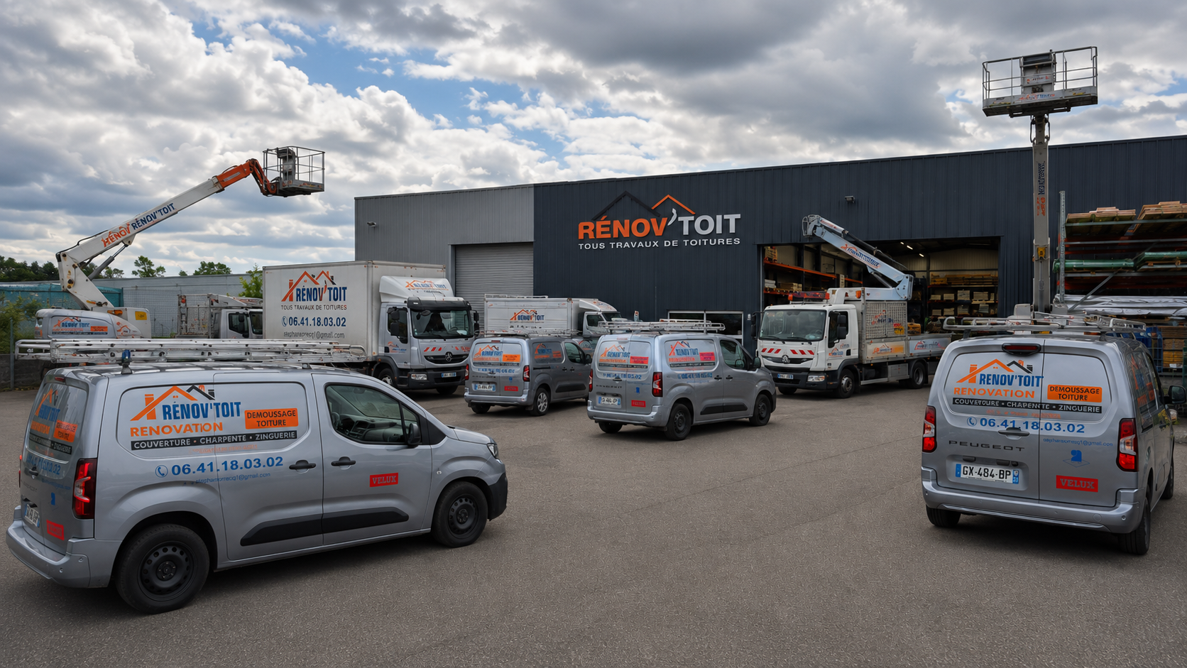 Flotte Rénov'Toit devant le hangar : utilitaires, camions et nacelles prêts à intervenir dans le Sud-Ouest